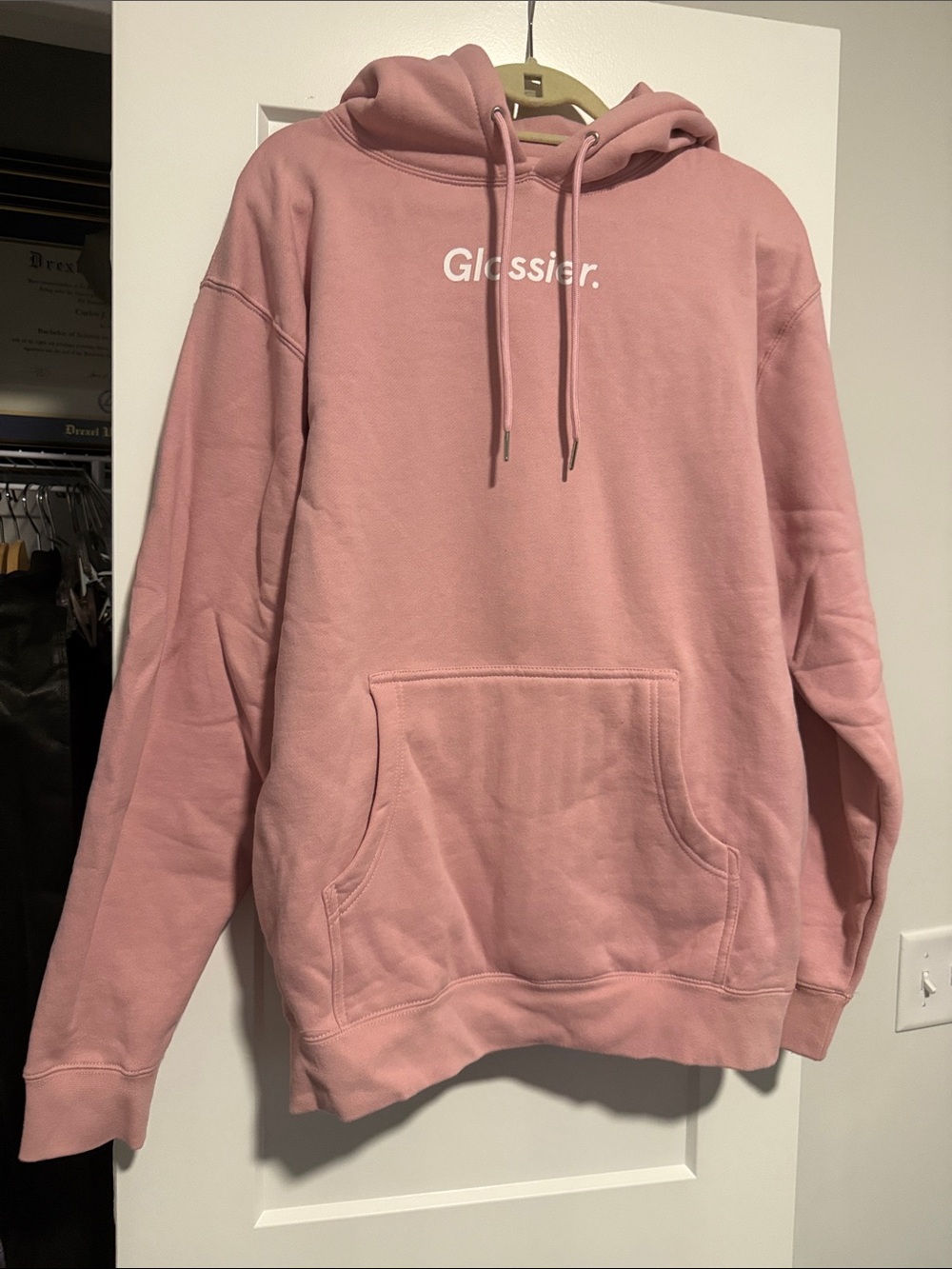 NWOT GLOSSIER LOGO PINK HOODIE, SIZE M